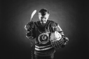 Back Bay Youth Hockey, boys. Youth league team and player photography by Leatherhead Sports Media. Black and white youth hockey player photo.